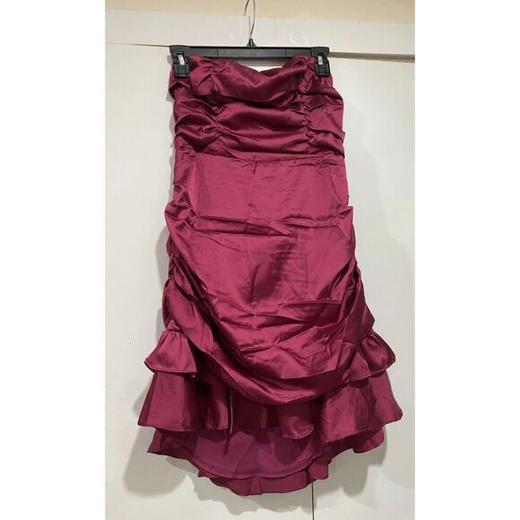 Selfie Leslie Mini Dress Sz XL Plum Strapless Tied Back Layer Frill Hem Ruched - Picture 5 of 16